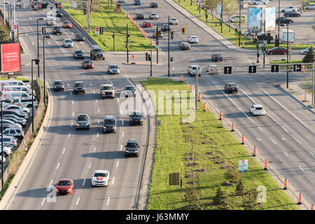 Montreal, CA - 18 May 2017: Heavy traffic moves on Viger Avenue Stock Photo