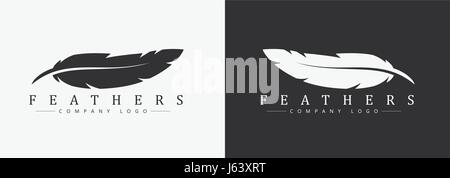 Logo design with feather and company name, for a writer or publishers. Template on black and white background. Vector illustration Stock Vector