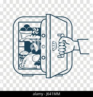 The concept of a diet, in the form of a hand tearing away the safe refrigerator with products, in the form of a symbol of the not to eat harmful produ Stock Vector