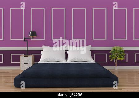 minimalist bedroom loft interior design in purple wall and wood floor room in 3D rendering Stock Photo