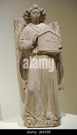 Cercle of Antoni Claperos (documented between 1422-1466). Spanish artist. Sculpture of Saint Michael the Archangel, middle of 15th century. Sandstone. From the Parish Church of Sant Miquel, Barcelona. National Art Museum of Catalonia. Barcelona. Catalonia. Spain. Stock Photo