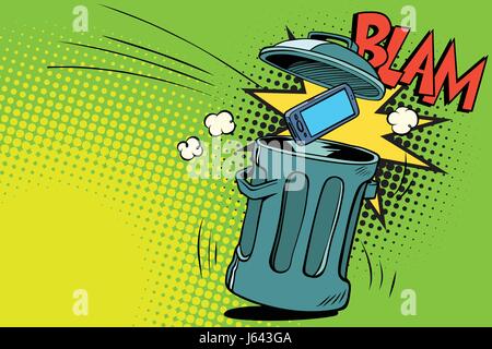 smartphone thrown in the trash. Comic book cartoon pop art retro color vector illustration hand drawn Stock Vector