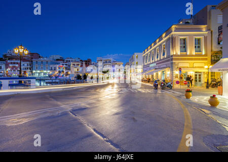 Evening view of Agios Nikolaos and its harbor, Crete, Greece. Stock Photo