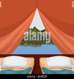 background interior camping tent with double pad and landscape scenary outside with lake Stock Vector