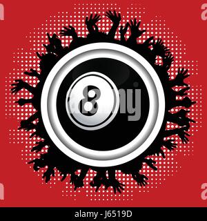 Number Eight Black Bingo Lottery Ball Over White Border with Crowd Silhouette on Red Background Stock Vector