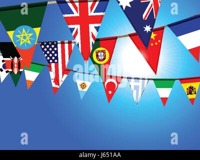 Colorful World Flags Bunting Over Deep Blue Sunny Sky Background Stock Vector