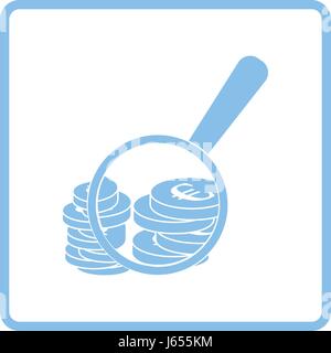 Magnifying over coins stack icon. Blue frame design. Vector illustration. Stock Vector