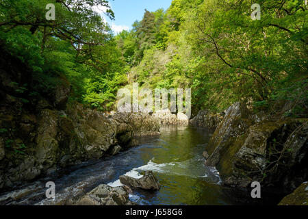 Afon Conwy flowing through the gorge below the Conway Falls. From its source high on the Migneint Moors, Llyn Conwy, Afon Conwy flows through the hist Stock Photo