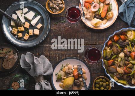 Lunch with cassowe, cheese, bread, olives on the table free space Stock Photo