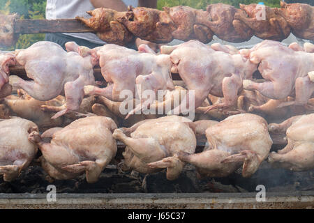 Many chickens baking on a barbecue grill with slowly rotating spits, skewers. Stock Photo
