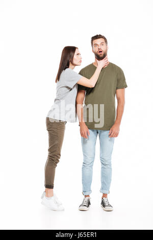 Aggressive woman choking man argue or quarrel with lover. Jealous ...