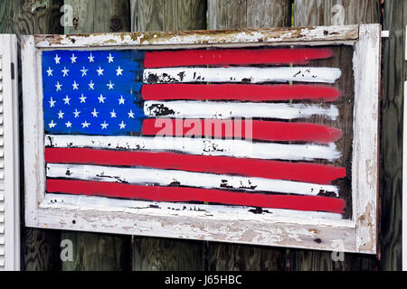 Michigan Saginaw,Children's Zoo at Celebration Square,wood,painted panel,peeling,deteriorated,American flag,craft,window pane,patriotic,MI090507067 Stock Photo