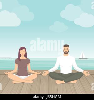 Couple practicing meditation outdoors, they are sitting in the lotus position next to the sea, yoga and self consciousness concept Stock Vector