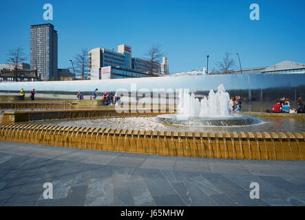 Stainless steel Cutting Edge Sculpture and water fountains, Sheaf Square, Sheffield, South Yorkshire, England Stock Photo