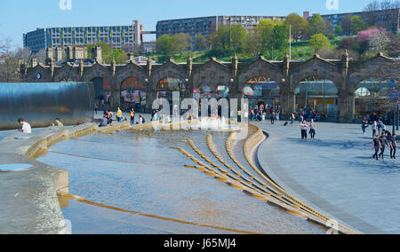 Stainless steel Cutting Edge Sculpture and water fountains, Sheaf Square, Sheffield, South Yorkshire, England Stock Photo