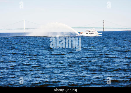 Michigan Mackinac County,Mackinac Island,Mackinac Bridge,Mackinac historic State Parks Park,Straits of Mackinac,Lake Huron,Star Line Ferry,from Mackin Stock Photo