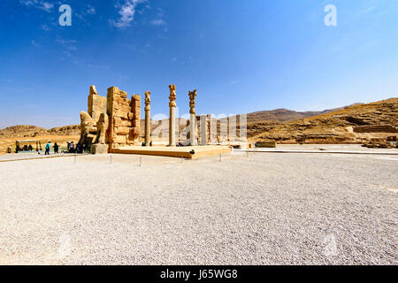 Ruins at Persepolis historical city in Shiraz, The construction of this impressive palace started by Darius I, one of Cyrus's successors, in 518 BC. Stock Photo