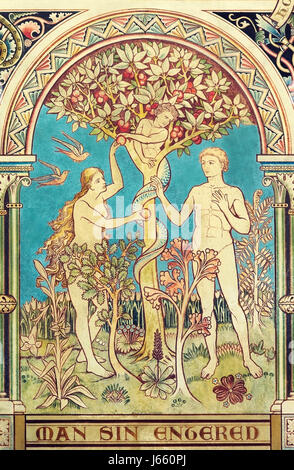 The Fall of Man depicted in a wall painting in St. Michael's Church, Garton on the Wolds, Yorkshire, England, UK Stock Photo