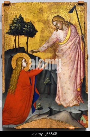 Italy Italian Noli me tangere,1368-70 Probably by, Jacopo di Cione  1365 -1400 Italy Italian,  (  New Testament (John 20: 14-18) tells how Mary Magdalene at first mistook the Risen Christ for a gardener: he is shown holding a hoe. She kneels before him and Christ urges her not to touch him, saying 'Noli me tangere'.) Stock Photo