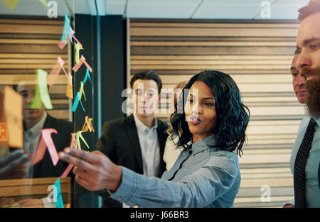 Black business woman in front of mixed business team. Having a standing meeting brainstorming ideas using posters on wall Stock Photo