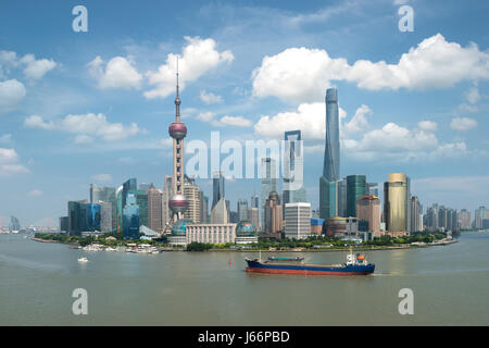 Shanghai skyline panoramic view along Huangpu river at Shanghai Lujiazui Pudong central business center in Shanghai, China. Stock Photo