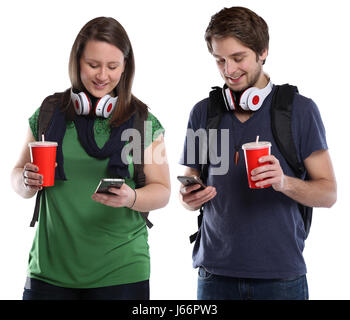 Young people with smartphone mobile phone cola drink isolated on a white background Stock Photo