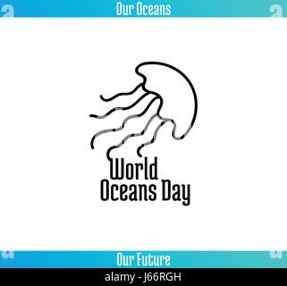 World Oceans Day, June 8. Promoting card with hand drawn doodle, vector line illustration. Jellyfish on a white background Stock Vector