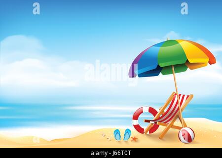 The chair ball starfish and life ring on the beach over blur blue sky background  for summer vacation concept vector illustration eps10 Stock Vector