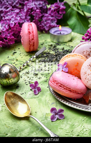 macarons cake and branch of springtime lilac blossoms Stock Photo