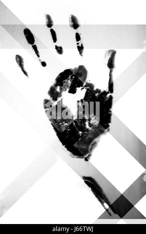 Black and white print of a human hand using black watercolour paints, that has been modified using darker angular lines that pass through the image. Stock Photo