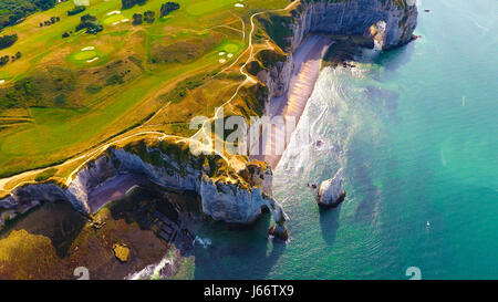 High angle view of the white chalk cliffs and the famous arches in Etretat, Normandy, France Stock Photo