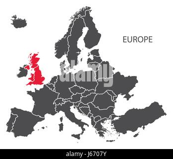 Europe with countries Map dark grey including highlighted Britain in red (BREXIT) Stock Vector