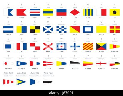 International maritime signal nautical flags, morse alphabet isolated on white background Stock Vector