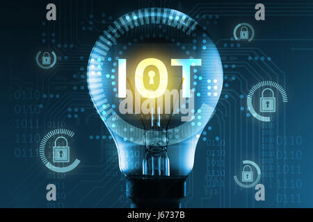 Security in Internet of things , iot and network connect concept. Light bulb , master key lock and electric circuit graphic Stock Photo