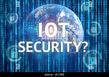 Security in internet of things (IoT) concept. Text , master key graphic and earth furnished by NASA with binary coded background Stock Photo