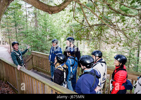 Michigan Mackinaw City,Mackinac State historic Parks Park,historic Mill Creek Discovery Park,Forest Canopy Bridge,zip line safety equipment,helmet,ins Stock Photo