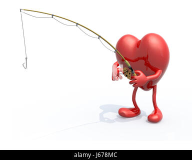 heart with arms, legs, fishing pole on hand, 3d illustration Stock Photo