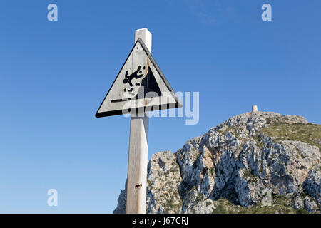 warning sign at the viewpoint mirador punta de la nao on Formentor Peninsula, Majorca, Spain Stock Photo