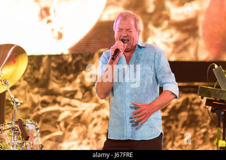 ZAGREB, CROATIA - MAY 16, 2017: Deep Purple lead singer Ian Gillan on stage during their The Long Goodbye tour at Arena Zagreb. Stock Photo