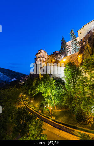 Illuminated hanging houses in Cuenca,Spain Stock Photo