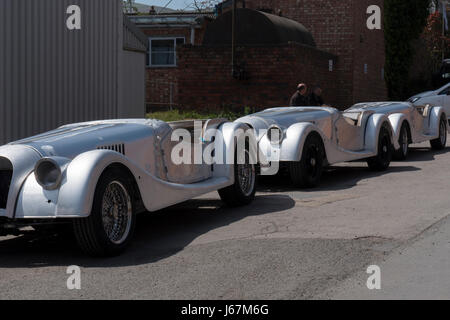 Morgan autos in line awaiting entry into the factory paint shop. Each Morgan is custom hand crafted in Malvern, England to the buyers specifications. Stock Photo