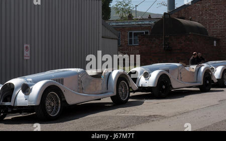 Morgan autos in line awaiting entry into the factory paint shop. Each Morgan is custom hand crafted in Malvern, England to the buyers specifications.