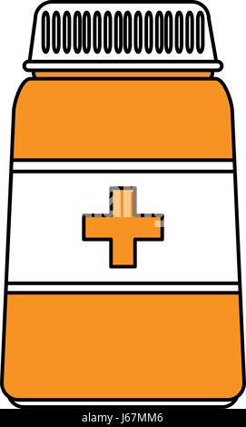 color silhouette image cartoon yellow bottle with pills and label with cross health Stock Vector