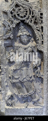 Corner Pillar, from 12th century found in Halebid, Kamataka now exposed in the Indian Museum in Kolkata Stock Photo
