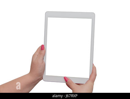 Two female hands holding a table vertically Stock Photo