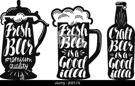 Beer, ale label set. Brew, drink, mug, bottle icon or symbol. Handwritten lettering vector illustration Stock Vector