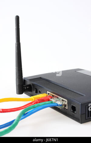 communication cable connections wires ADSL router current conduction internet Stock Photo