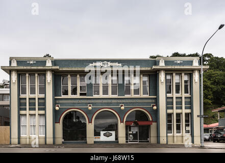 Napier, New Zealand - March 9, 2017: Historic Union Fire Station is a rectangular green and white building in art deco style. Now an office building.  Stock Photo
