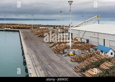 Napier, New Zealand - March 9, 2017: Overview of part of large timber harbor under cloudy sky. Heaps of brown tree trunks sawed at fixed length. Pacif
