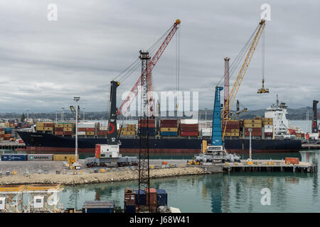Napier, New Zealand - March 9, 2017: Penelope container ship unloads in the commercial port under heavy skies. Piles of containers, cranes and other h
